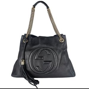 💕Gucci Black Cellarius GG Logo Leather Soho Satchel Chain Handbag💕